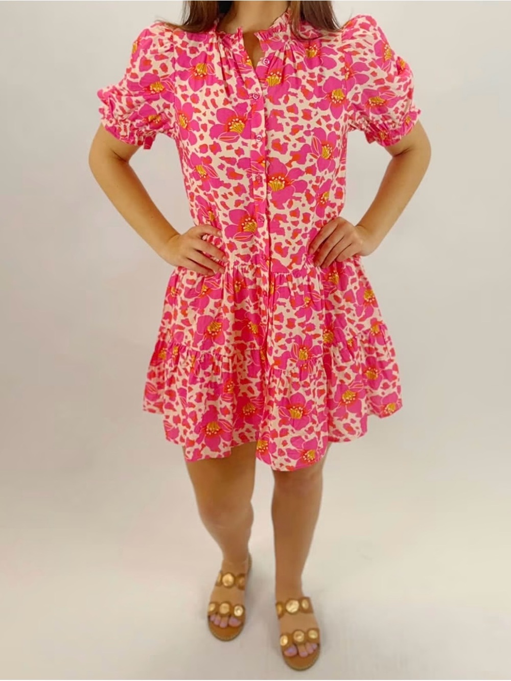 TCEC Pink and Orange Floral Button-Front Mini Dress